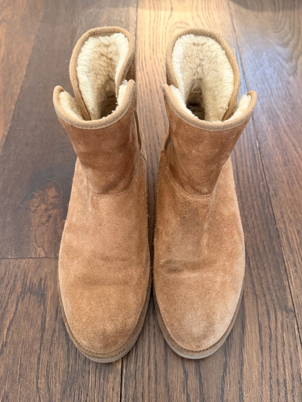 UGG 'Kristin' Wedge Chestnut Brown Suede Shearling Boots Booties Fall Cozy 8.5